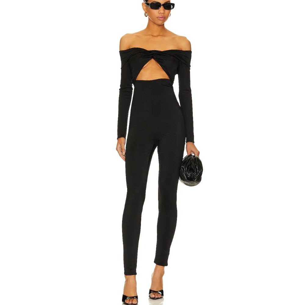 NWT $238 NBD JOURNI OFF THE SHOULDER BLACK JUMPSUIT W/KNOTTED FRONT & CUTOUT M